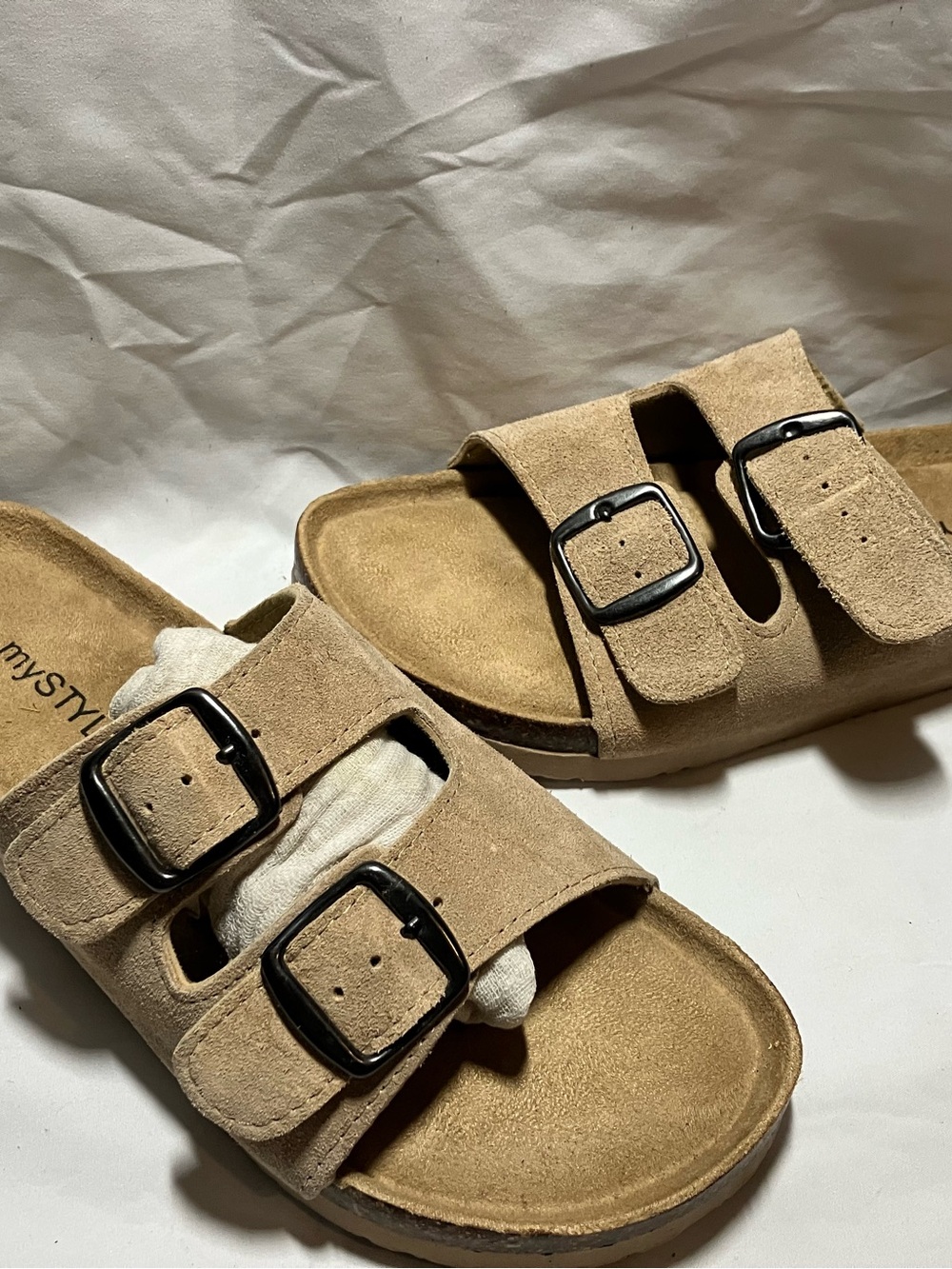 Women’s Double-Buckle Suede Slide Sandals in Tan
